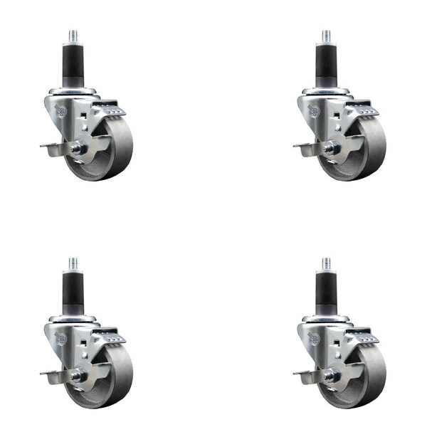 3'' Semi Steel Swivel 1-1/4'' Expanding Stem Caster Set with Brake, 4PK